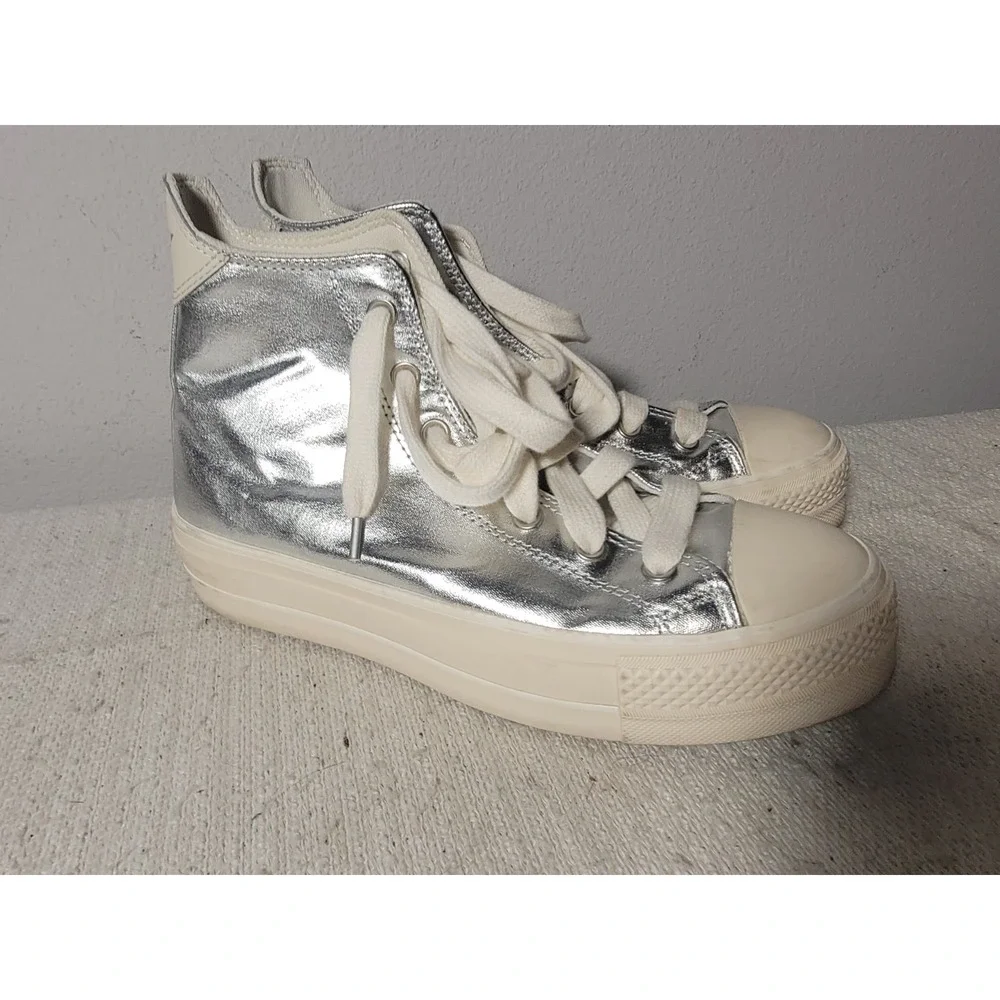 Converse All Star Metallic Silver High Top Sneakers Womens 9 Platform A09902C